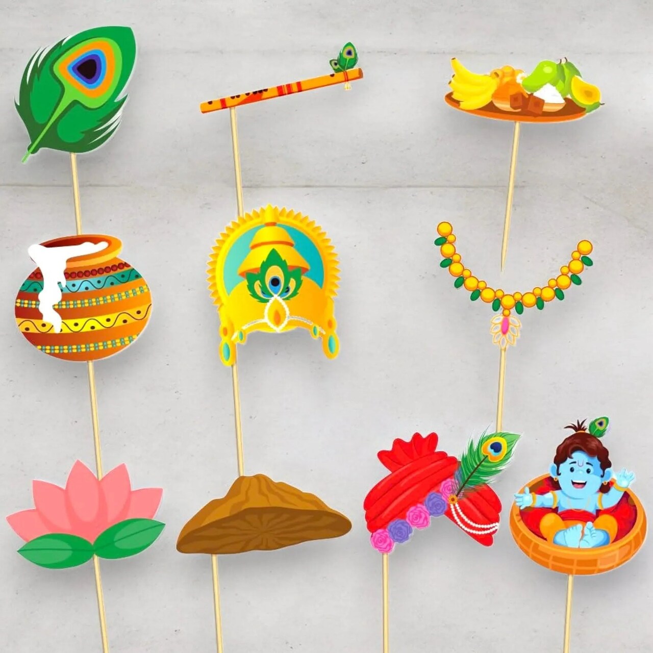 10 Pcs Janmashtami Photo Booth Props for Photoshoot Krishna Janmashtami Photobooth Decorations Hindu Festival Party Favors Decoration Kit for Home Indoor Outdoor Decor